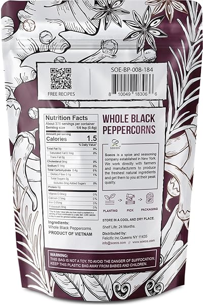 SOEOS BLACK PEPPERCORNS, 8OZ (PACK OF 1), NON-GMO, KOSHER, PACKED TO KEEP PEPPERS FRESH, PEPPERCORN FOR GRINDER REFILL, WHOLE PEPPERCORNS