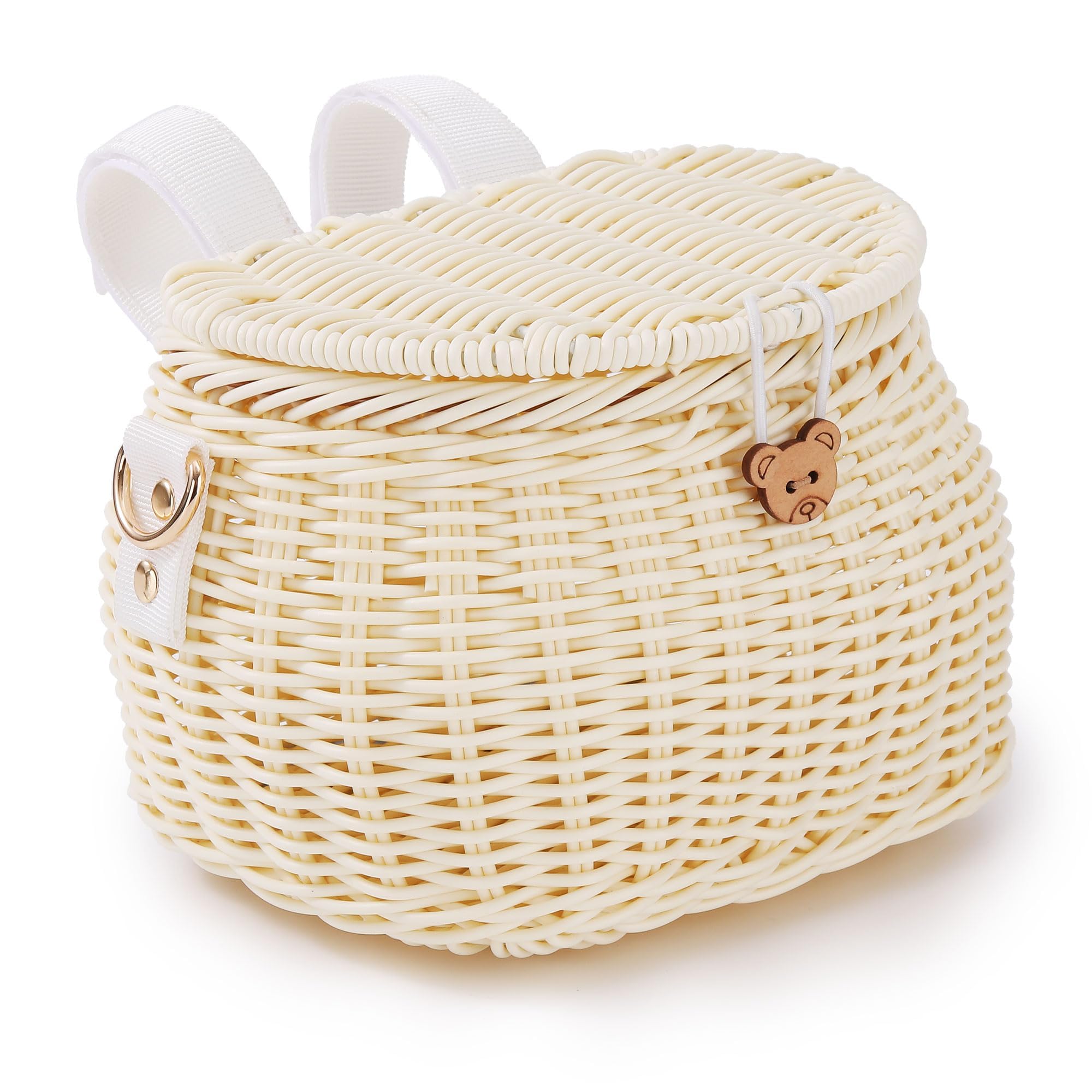 SVNR Kids Bike Basket Set, Bike Scooter Tricycle Basket, Children Cycling Handwoven Backpack with Lid Shoulder Strap, Beige