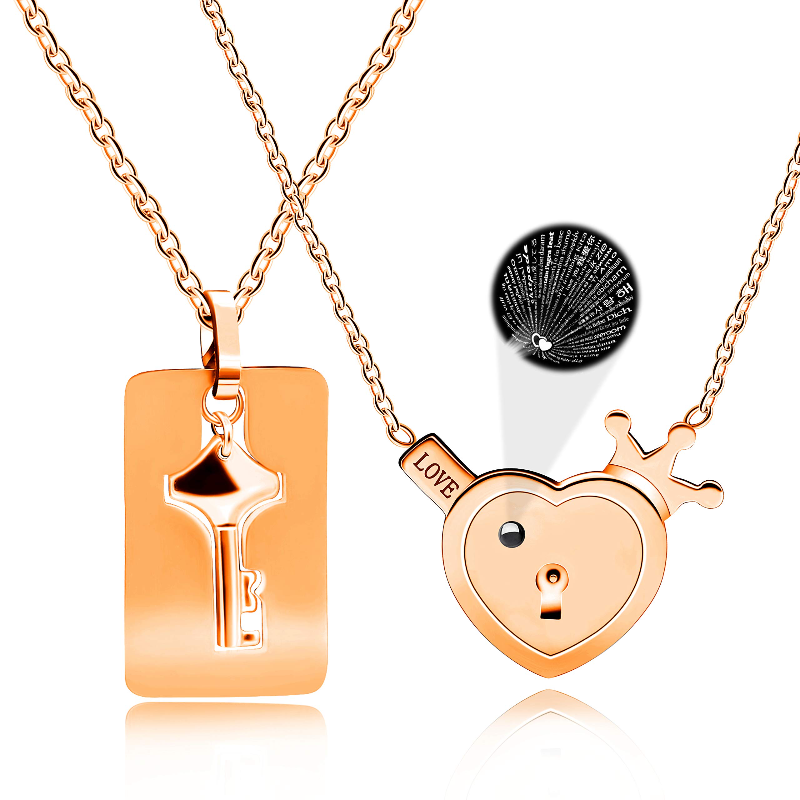 100 Languages I Love You Projection Necklaces His and Hers Heart Lock Pendant Shield Key Necklace Couples Jewelry Set Rose Gold Plated Y1129