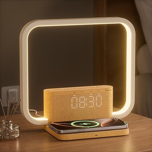 blonbar Bedside Lamp with 2 Alarms, Wake up Light,Sunrise Alarm Clock,10 Soothing Natural Sounds,10 Minute Snooze,10W QI Wireless Charging,3 Level Brightness,Suitable for Bedroom, Living Room
