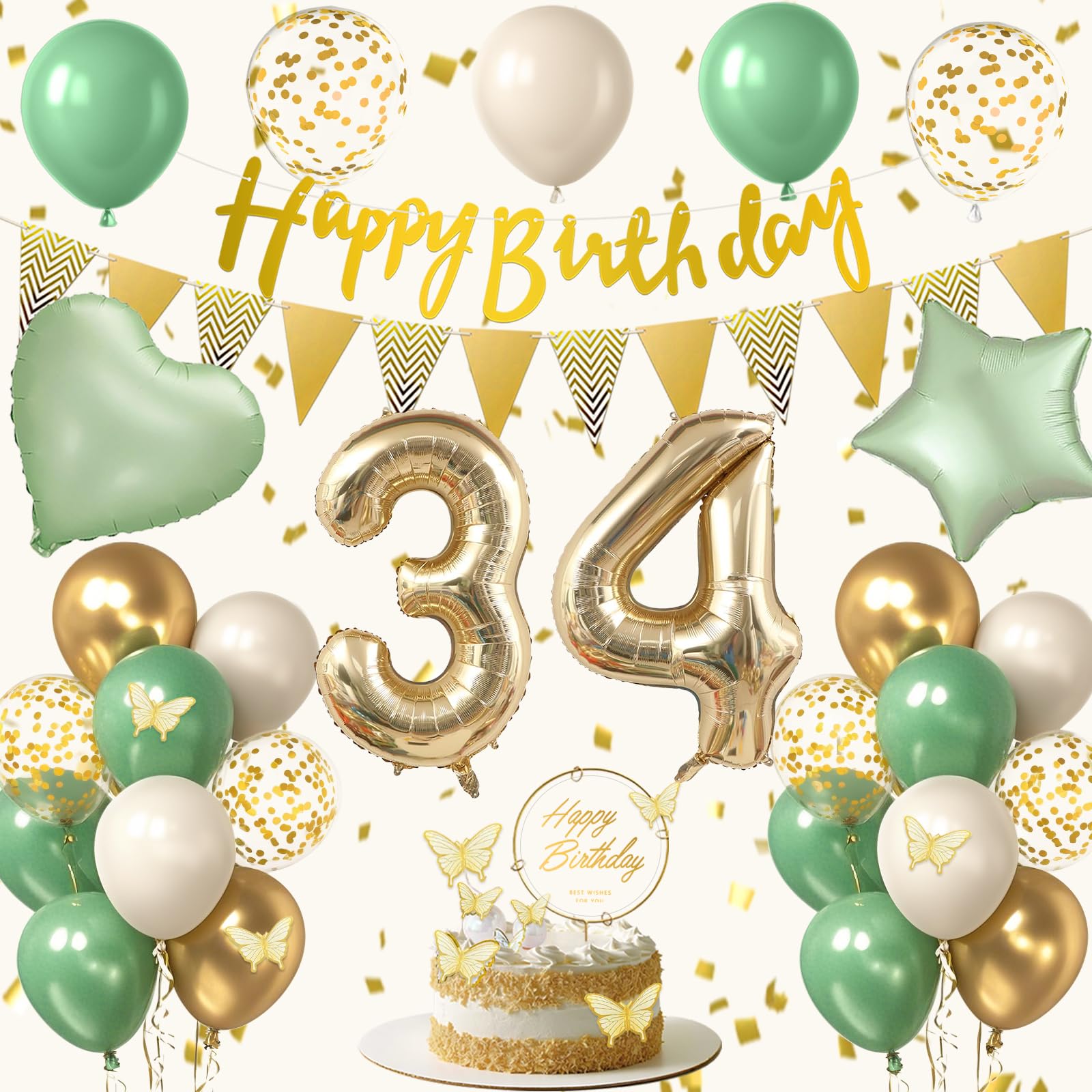 Photo 1 of 34th Sage Green Birthday Decorations, Boho Green White Gold Balloons Decorations for Girls, Happy 34 Birthday Party Supplies with Happy Birthday banner, Number Foil Balloon, Butterfly Cake Topper