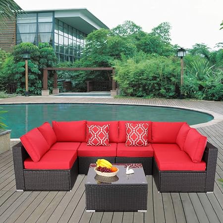 Furnimy 7 Pieces Patio Furniture Sets Outdoor Furniture Sectional Sofa Patio Conversation Set Outdoor Patio Furniture Set Rattan Wicker Expresso With Patio Table Red Amazon In Garden Outdoors