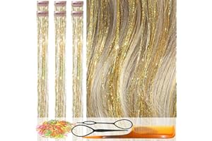 CelineBella Clip in Hair Tinsel Kit,Gold Tinsel Hair Extensions,24 Inch,Heat Resistant,for Girls Kids New Year Gift Party Cosplay