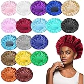 WLLHYF 18 Pcs Satin Bonnets for Sleeping, Large Silk Bonnet Wide Band Hair Bonnet Soft Elastic Hair Wrap Cap Silky Shower Cap for Black Women Men Curly Hair