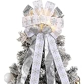 Zeyune Christmas Tree Topper 12 x 45 Inches Large Christmas Bows LED Lights Glitter Satin Mesh Streamer Snowflake Ribbon Decorative Bows for Xmas Tree Decorations Gifts(Silver-White)