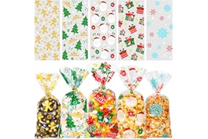 RICEDUO Christmas Cellophane Treat Bags, 100 Clear Cello Gift Bags with Twist Ties for Xmas Candy Goodies, Kids Party Favors