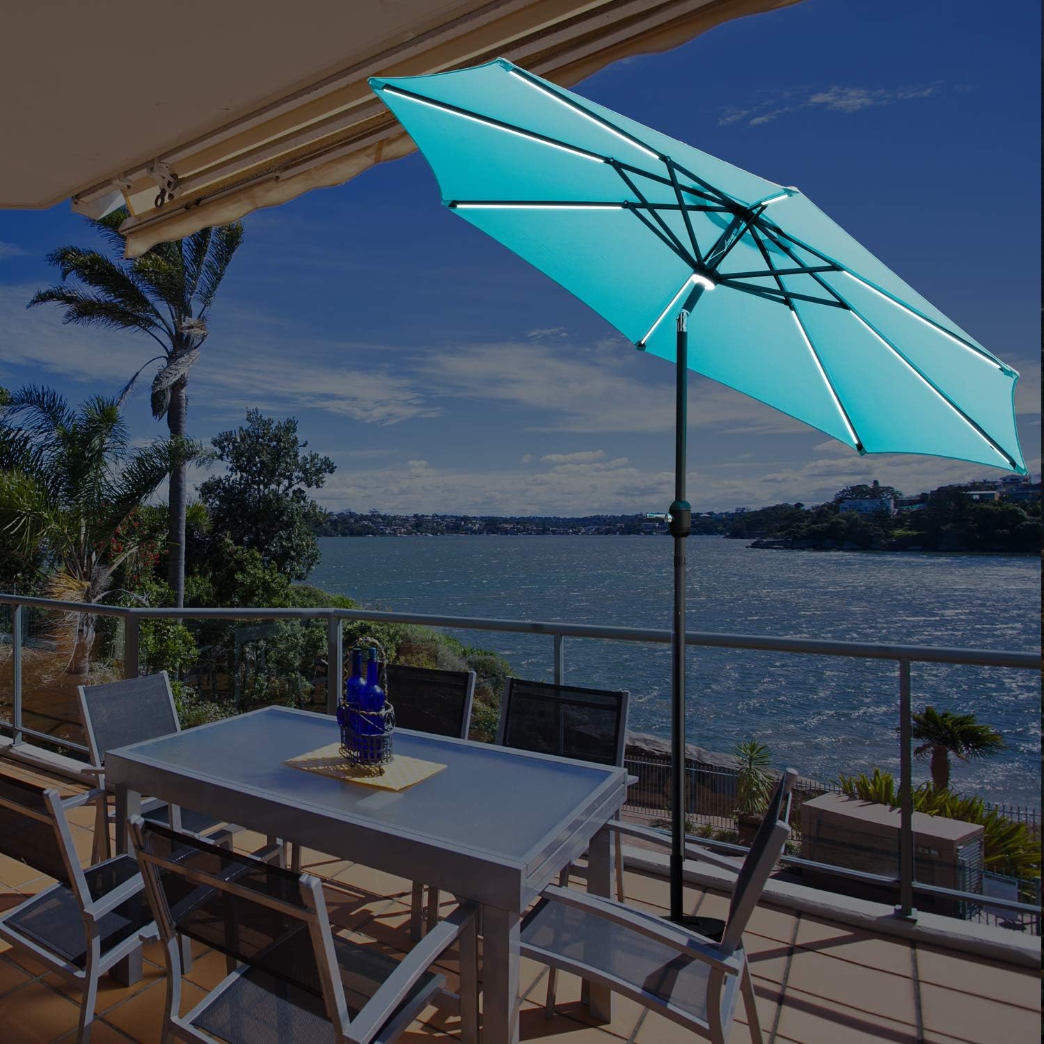 Amazon Com Wonlink 9ft Patio Umbrella 32 Solar Powered Led Lighted Unique Central Hug Light And Led Waterproof Strip Outdoor Umbrella With Push Button Tilt Crank Garden Outdoor