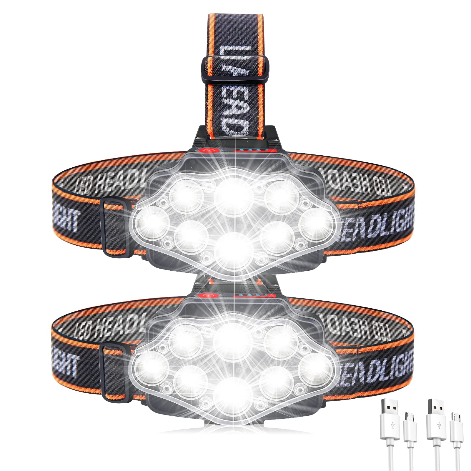 2pcs Headtorch Rechargeable, 22000 Lumen Super Bright 8 LED head tourch, 4 Modes Lightweight USB Head Light, IPX5 Waterproof Headlamp Flashlight for Outdoor Camping, Running, Cycling, Climbing
