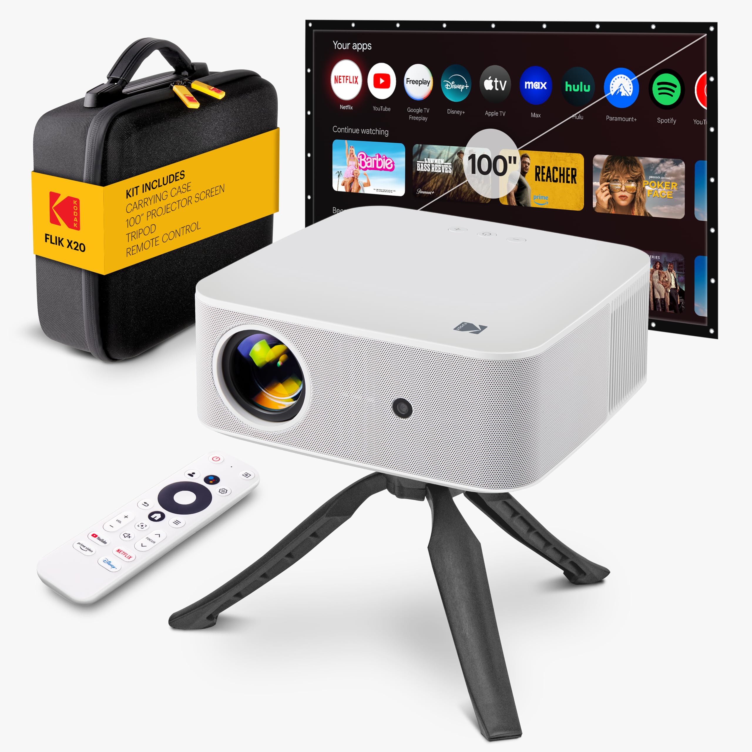 KODAK 1080p Smart TV Projector Kit - White - Smart Projector with ATV Dongle for 10,000+ Apps - 1080p Display With HDR10+ & 4K Decoding - Portable Unit With Auto-Focus & Dual-Band Wi-Fi