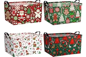 Bulyoou 4 Pack Christmas Storage Bin Collapsible Large Christmas Storage Baskets for Gifts Xmas Tree Canvas Laundry Basket Foldable Box with Handle for Office Home Bedroom Clothes Toys Holiday Decor