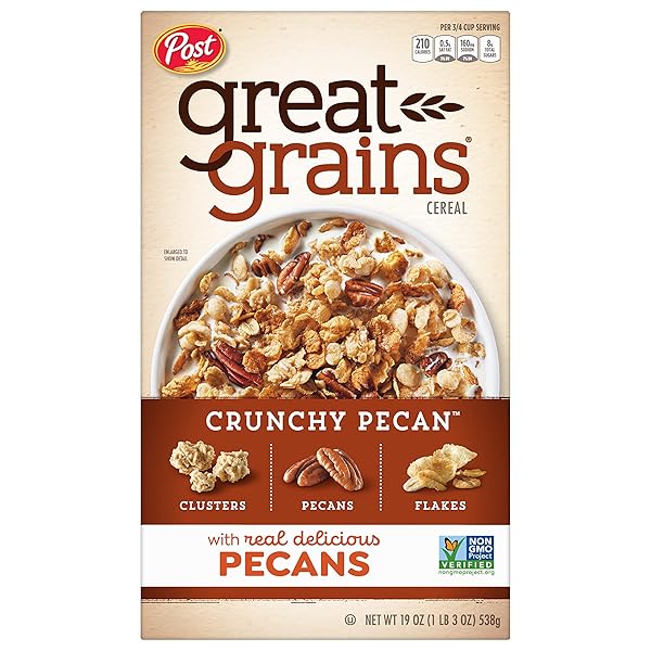 GREAT GRAINS CRUNCHY PECAN BREAKFAST CEREAL, NON GMO PROJECT VERIFIED, HEART HEALTHY, LOW SATURATED FAT, WHOLE GRAIN CEREAL, 19 OUNCE