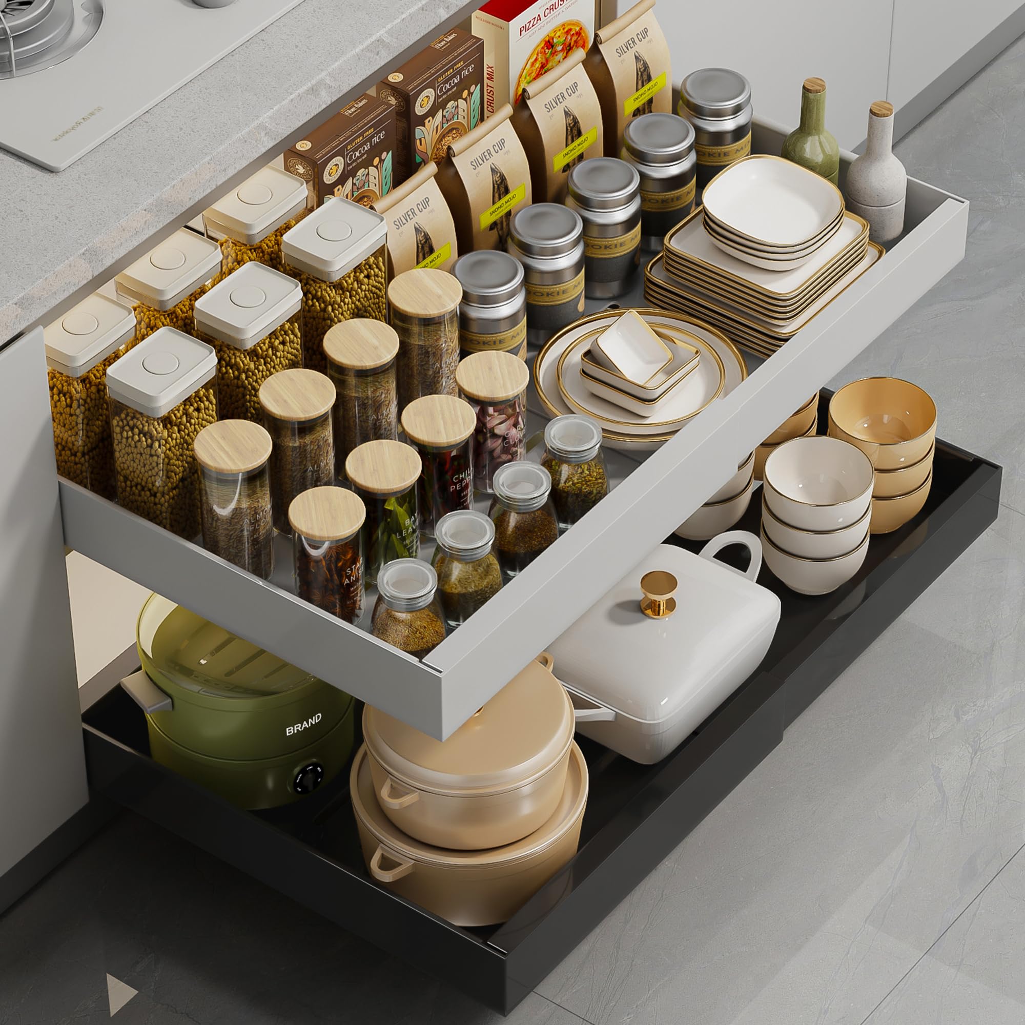Photo 1 of WQU Pull Out Cabinet Organizer, Pull Out Kitchen Storage, Adjustable Drawers for Kitchen Cupboard with Adhesive Film, Roll-Out Sliding Drawer Organiser Shelf Adjustable width 17-26"in White 1PC