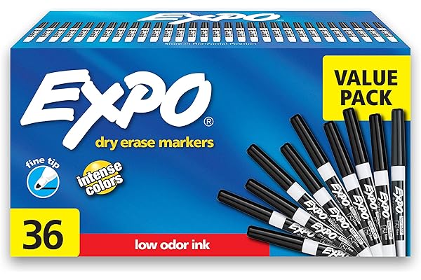 EXPO Fine Tip Dry Erase Markers, White Board Markers Dry Erase, Low Odor, Black, 36-Count