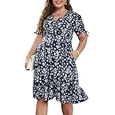 Keluummi Plus Size Summer Wedding Guest Midi Dresses for Curvy Women, Casual Boho Floral A Line V Neck Dress with Pockets