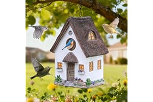 MINWOLF Rustic Cottage Birdhouse with Thatch Roof – Hand-Painted Resin Outdoor Bird House for Small Birds, Weatherproof Garden Decor for Backyard or Patio