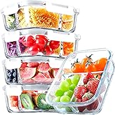 VERONES 5 Pack Glass Meal Prep Containers 3 Compartment Set, 36OZ Airtight Glass Lunch Containers, Food Storage Containers with Lids, for Microwave, Oven, Freezer & Dishwasher Friendly,White