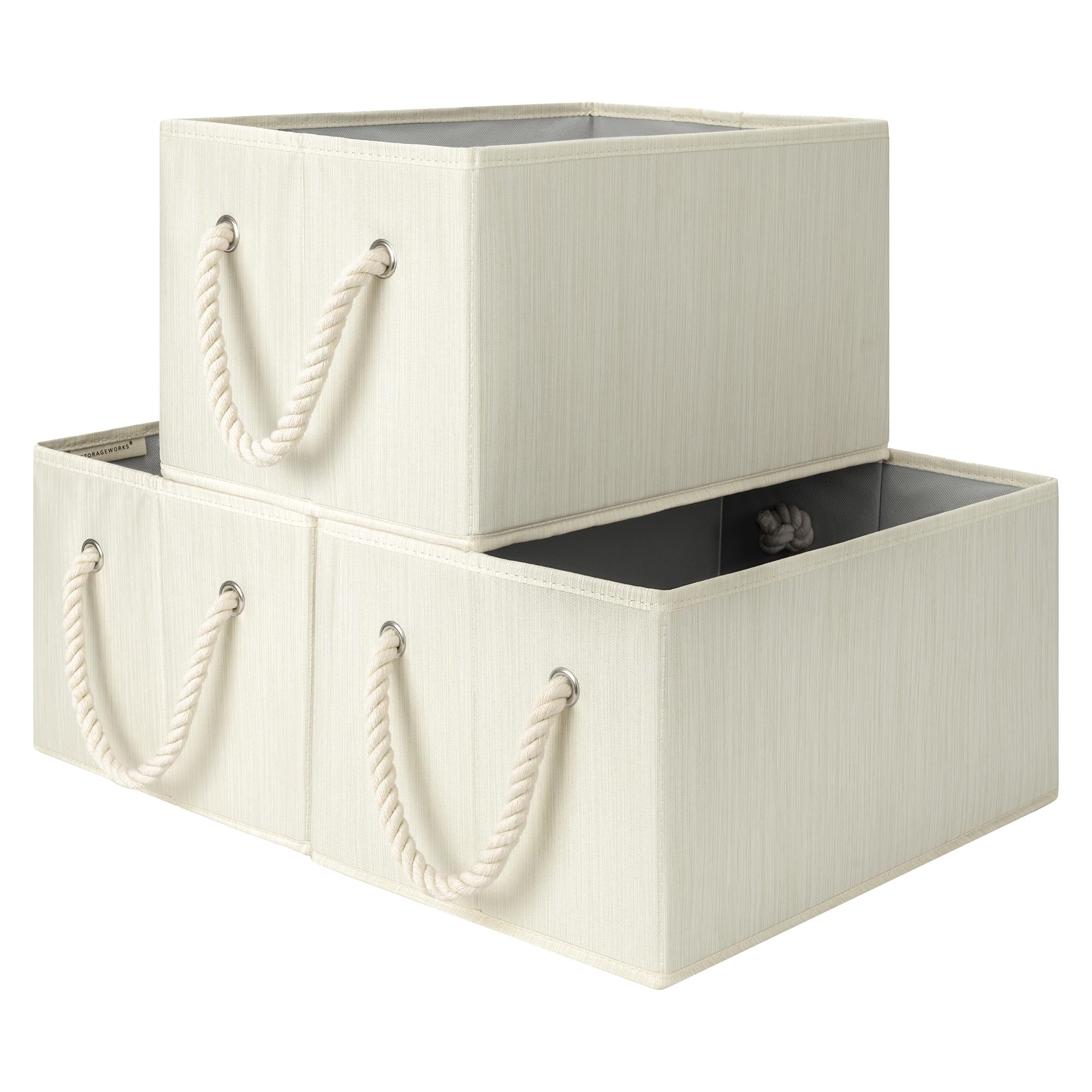 StorageWorks Large Storage Boxes for Organising, Foldable Storage Baskets for Shelves, Fabric Storage Boxes with Handles, Decorative Shelf Baskets for Playroom, Beige, White & Ivory, 3-Pack — image 1