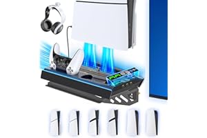RYSKER PS5 Wall Mount Kit with Charging Station for Edge & Dual Controller, 9 Light Modes PS5 Cooling Station with 3-Level Fan, PS5 Pro Stand Wall for PS5/Slim/Pro Disc&Digital, PS 5 Accessories Shelf Mount