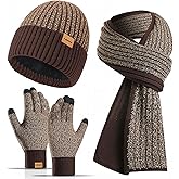 Mens Winter Beanie Hats Scarf for Men with Touchscreen Gloves, Warm Long Scaves Fleece Lined Hats Knit Gloves Set Gifts