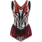 IBAKOM Women Sexy Fringe Bodysuit Open Back Sparkly Sequins Tassel Latin Jazz Dance Outfits Trapeze Acrobat Circus Costume
