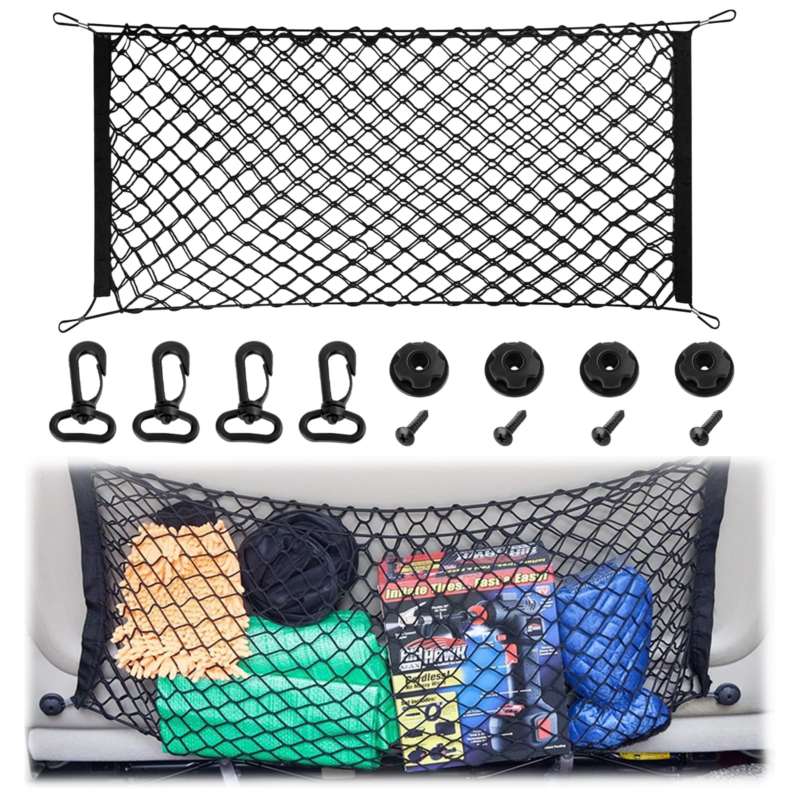Photo 1 of Premium Dual-Layer Nylon Cargo Net-Adjustable Elastic Trunk Storage Net with Hook-Cargo Net for Pickup Truck Bed for SUVs, Cars, and Trucks(35.4x15.7 Inch)
