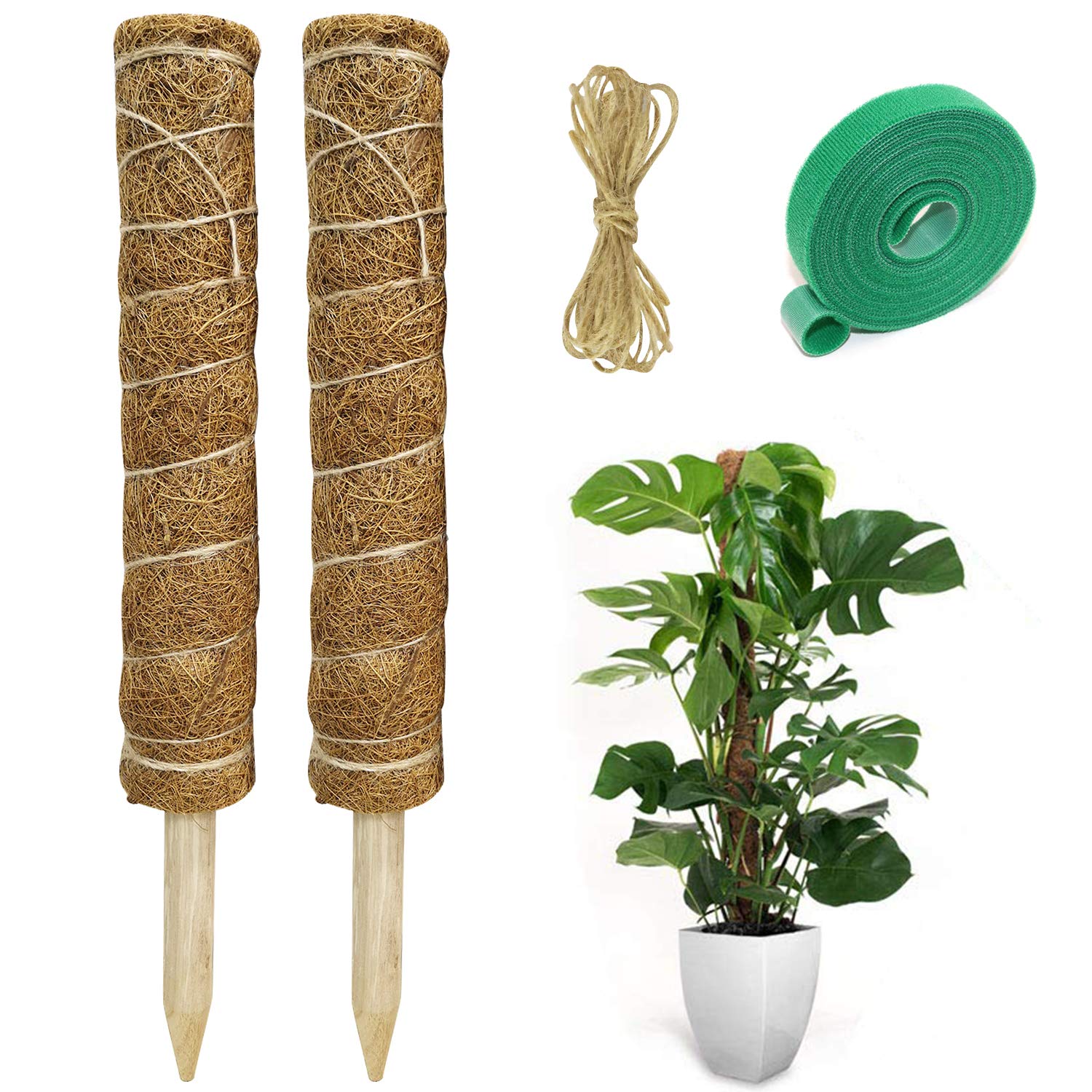 Hongyans Plant Support Totem Pole, 2 Pcs Coir Moss Pole, 15.7 Inch Extension with 1.5m Twine String & Plant Ties for Cheese Plant, Monstera Creepers