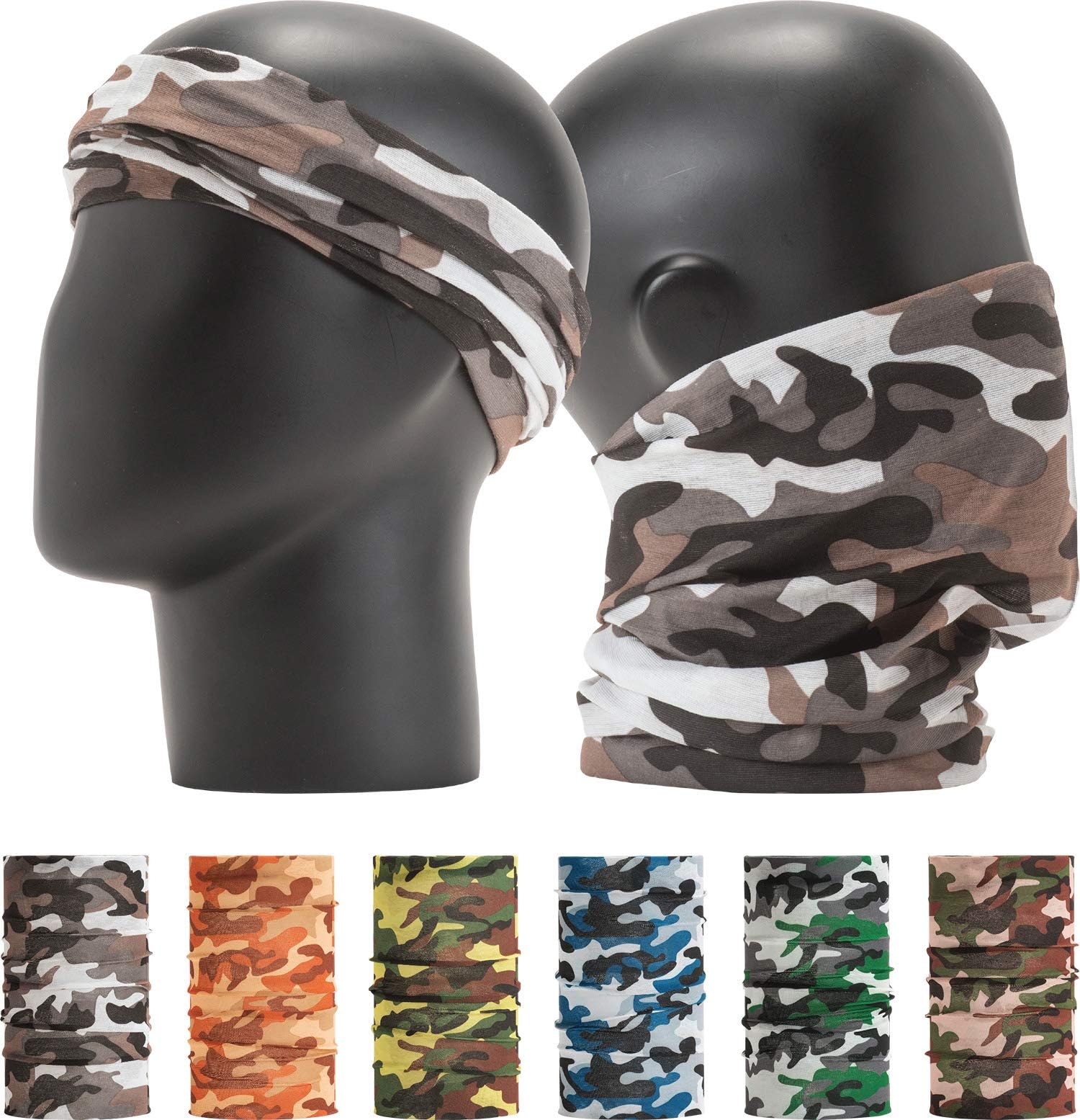Leevo Pattern Bold Headwear Scarf Boho Headband Wrap Shield Neck Gaiter Bandana (Free Size (18.5” 9.25”), Camouflage Military No.2, 6pcs total)