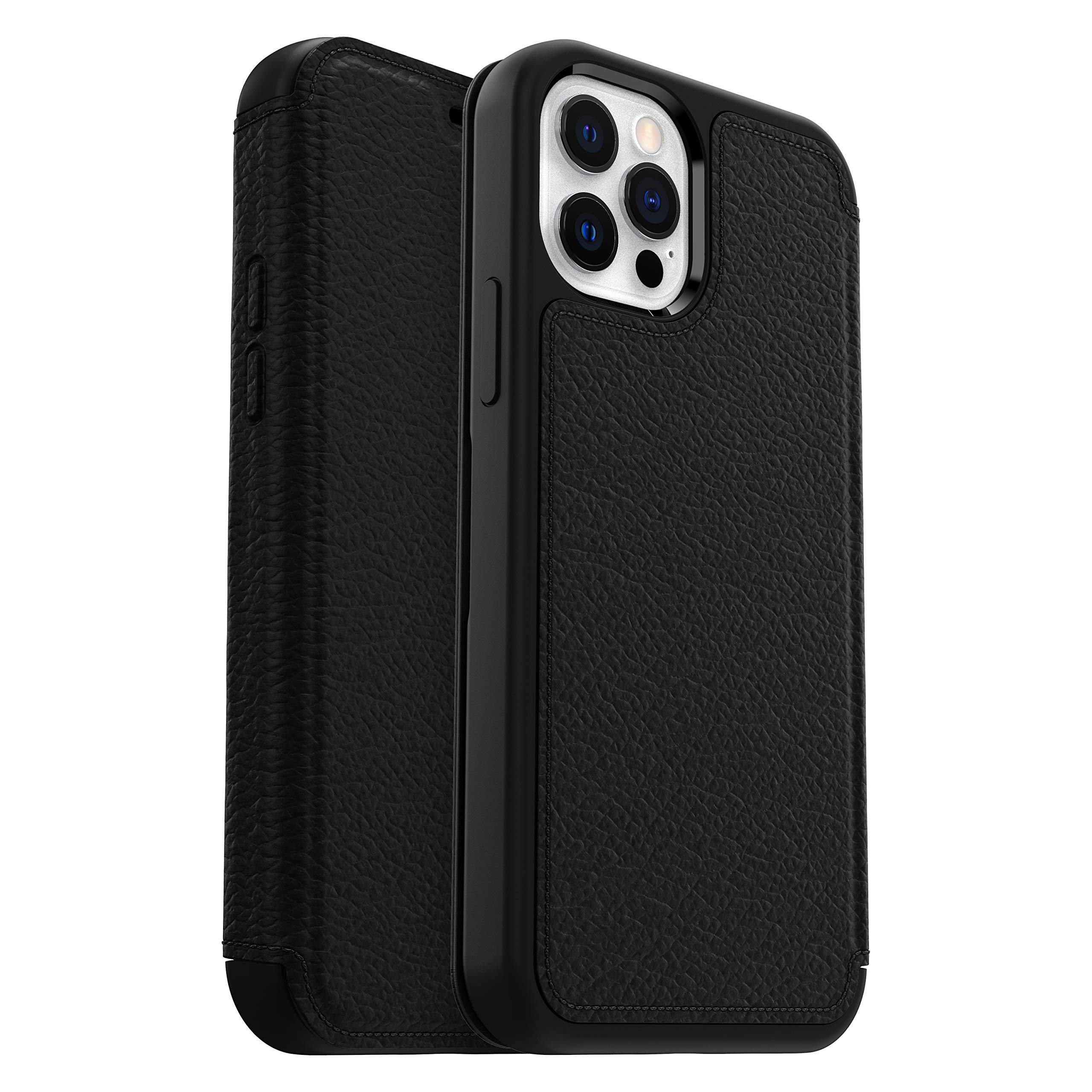 OtterBox Strada Case for iPhone 12 / iPhone 12 Pro, Shockproof, Drop proof, Premium Leather Protective Folio with Two Card Holders, 3x Tested to Military Standard, Black, No Retail Packaging