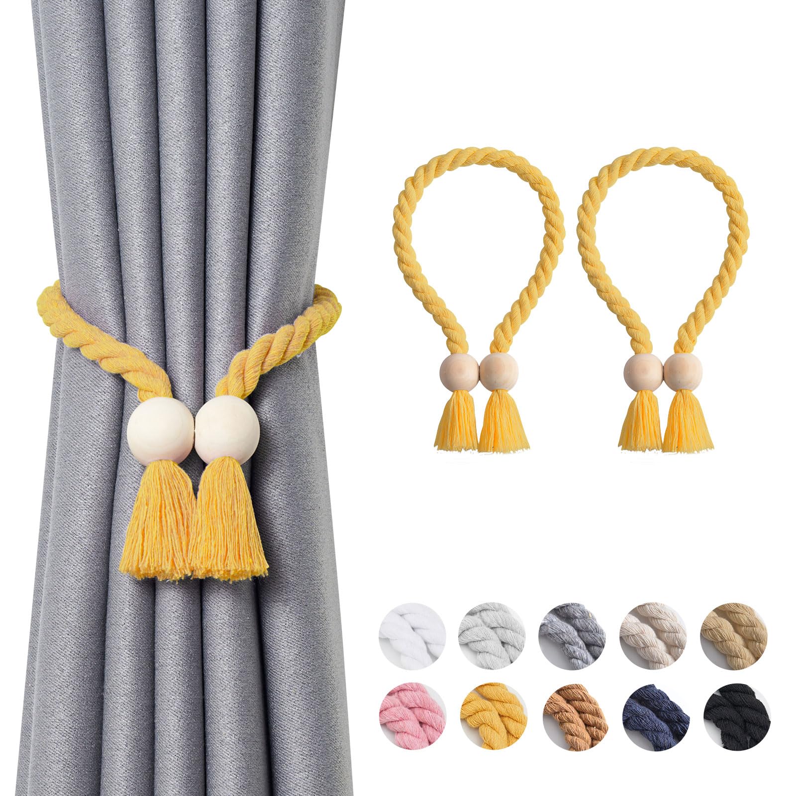 Pretty Jolly 2 Pack Wooden Ball Magnetic Curtain Tiebacks Boho Home Decor Drape Tie Backs Natural Cotton Hand Woven Rope Curtain Holdbacks for Thin & Thick Home & Office Window Draperies (Yellow)