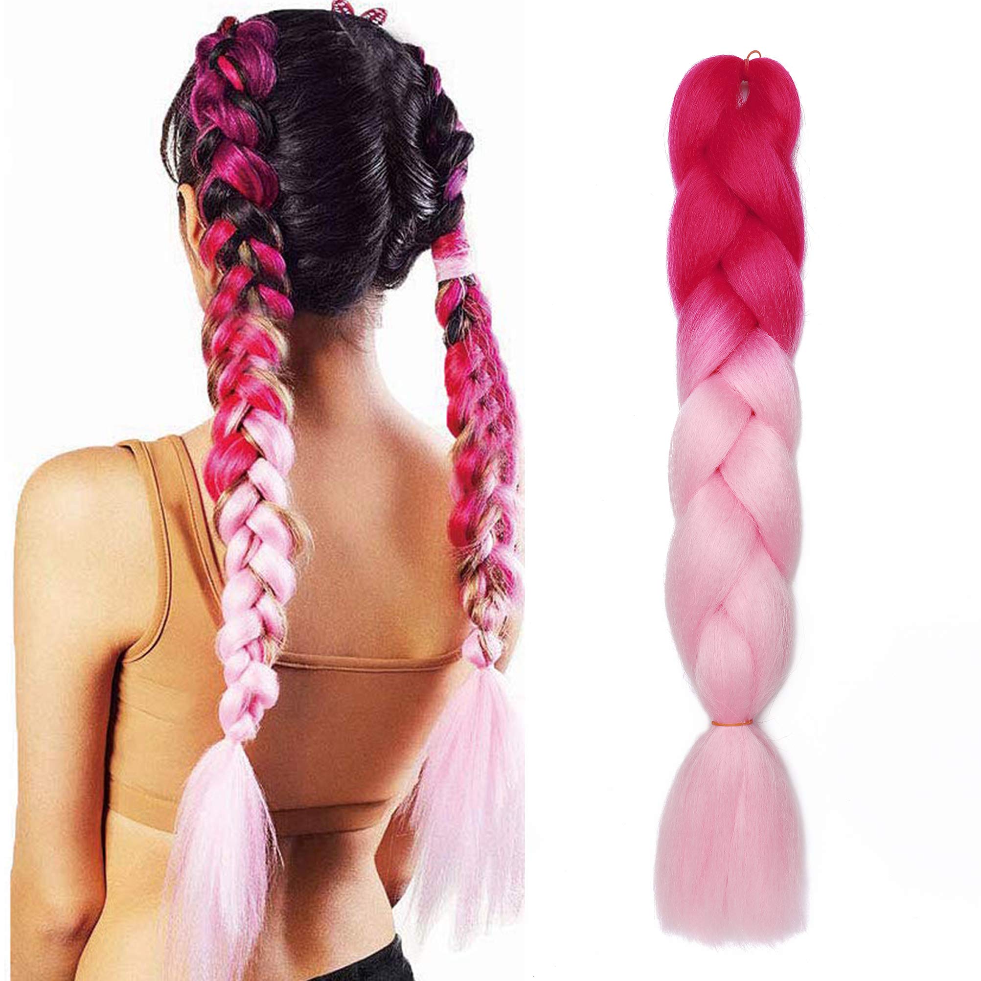 Ombre Braiding Hair 24inch Jumbo Braids High Temperature Fiber Synthetic Hair Extension 1pc 100g for Twist Braiding Hair Magenta to Light Pink