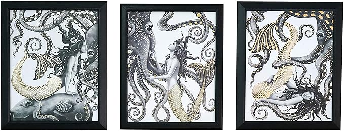 Amazon Com Mermaid And Octopus Wall Art Decor 3 Piece Set Gold Foil Home Nautical Bathroom Beach Ocean Posters Prints 8x10 In Posters Prints