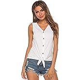 Women's Tie Knot Button Down Shirts Sleeveless Casual Blouse Curved Hemline Tops S-XXL