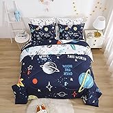 7 Piece Planets Bedding Set for Boys & Girls, Twin Size Comforter, Bed in a Bag, Microfiber Kids Bedding for All Season (1 Comforter, 1 Flat Sheet, 1 Fitted Sheet, 4 Pillowcases)