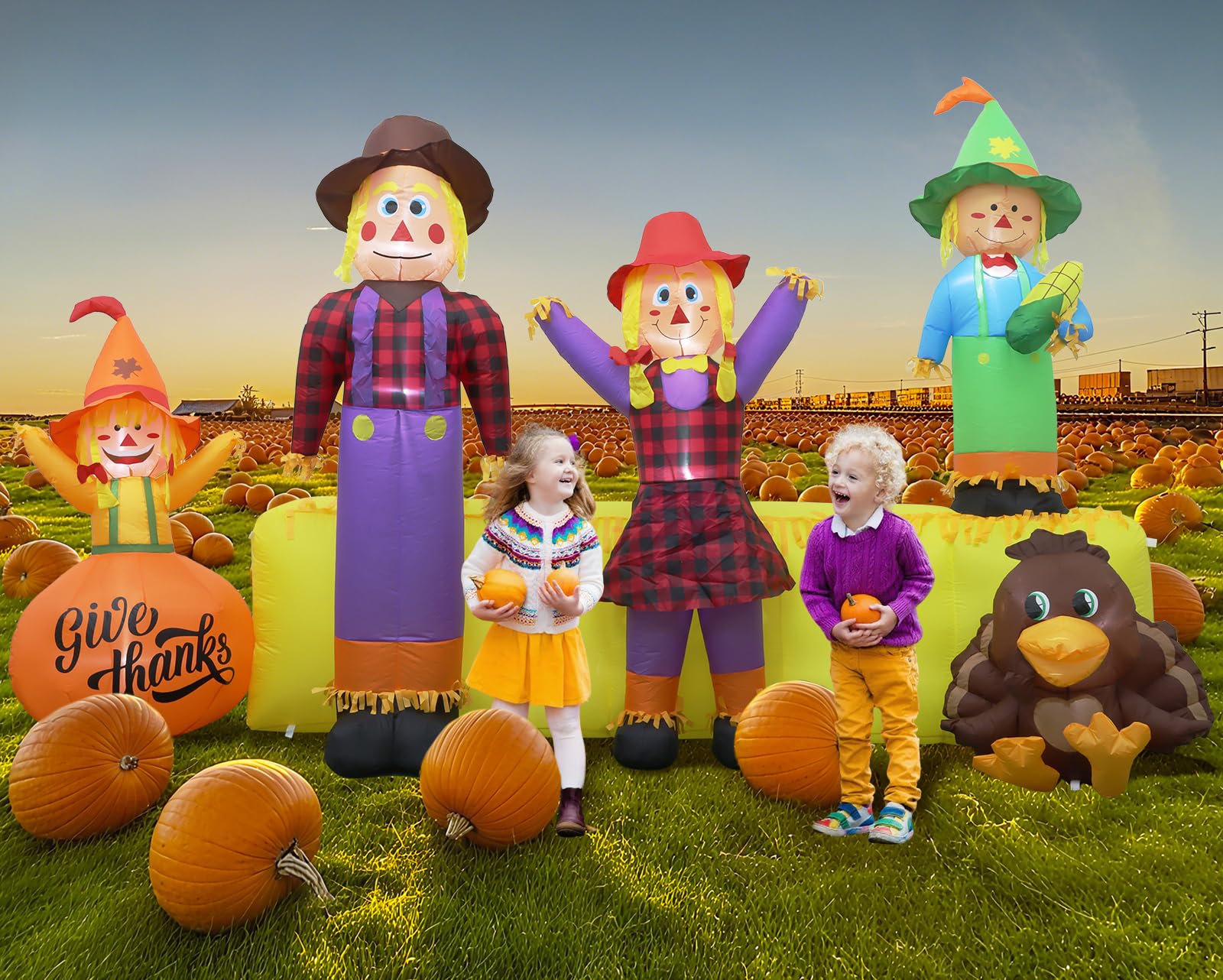 Photo 1 of 10 FT Thanksgiving Inflatables Fall Outdoor Decorations, Blow Up 4 Scarecrow Family & Hay Bale & Turkey, Built-in 9 LED Lights & Blower, Perfect Thanks Day Autumn Harvest Yard Garden & Lawn Décor