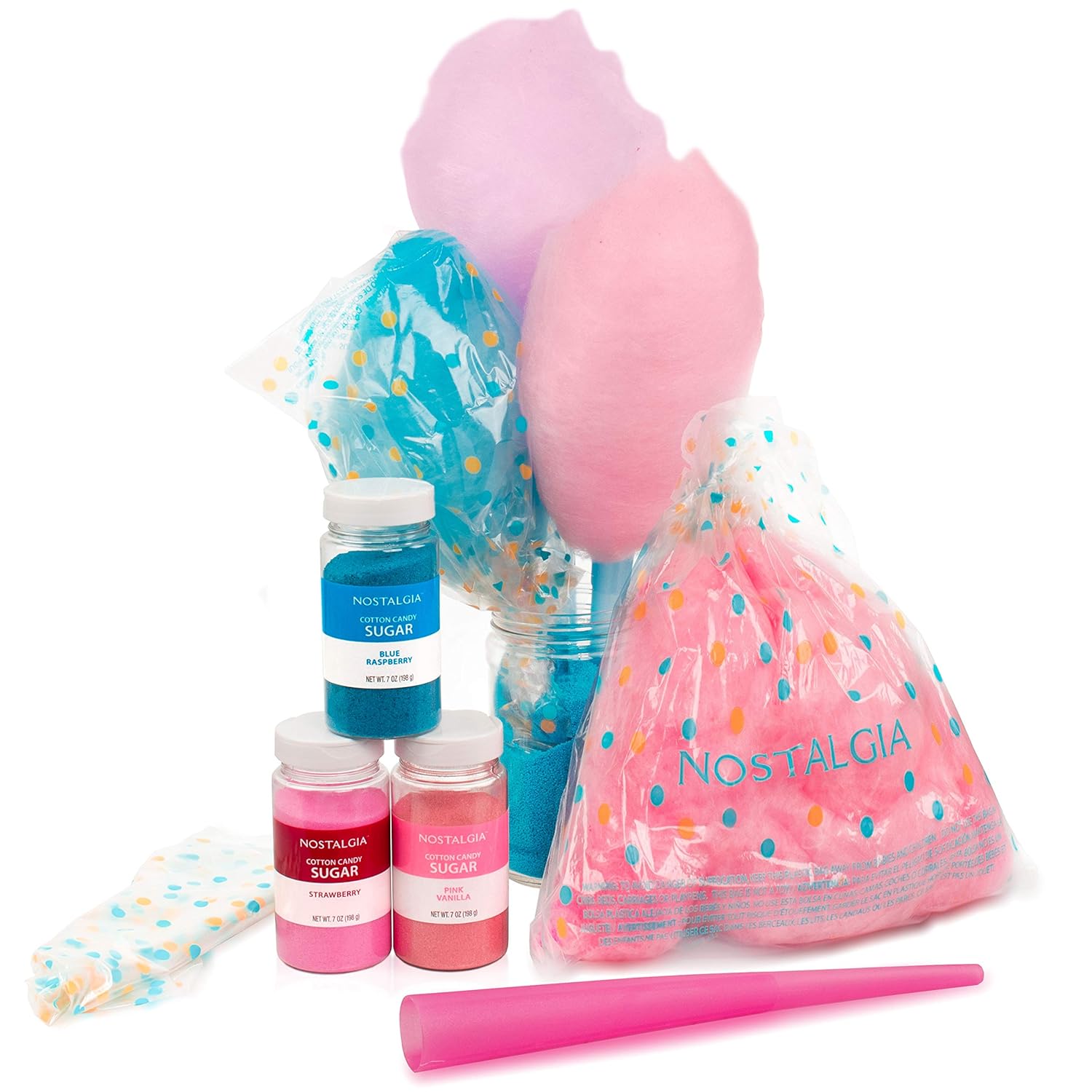 Nostalgia FSCC8 Cotton Candy Party Kit, 3 Flavors, 4 Reusable Cones, 10 Floss Bags