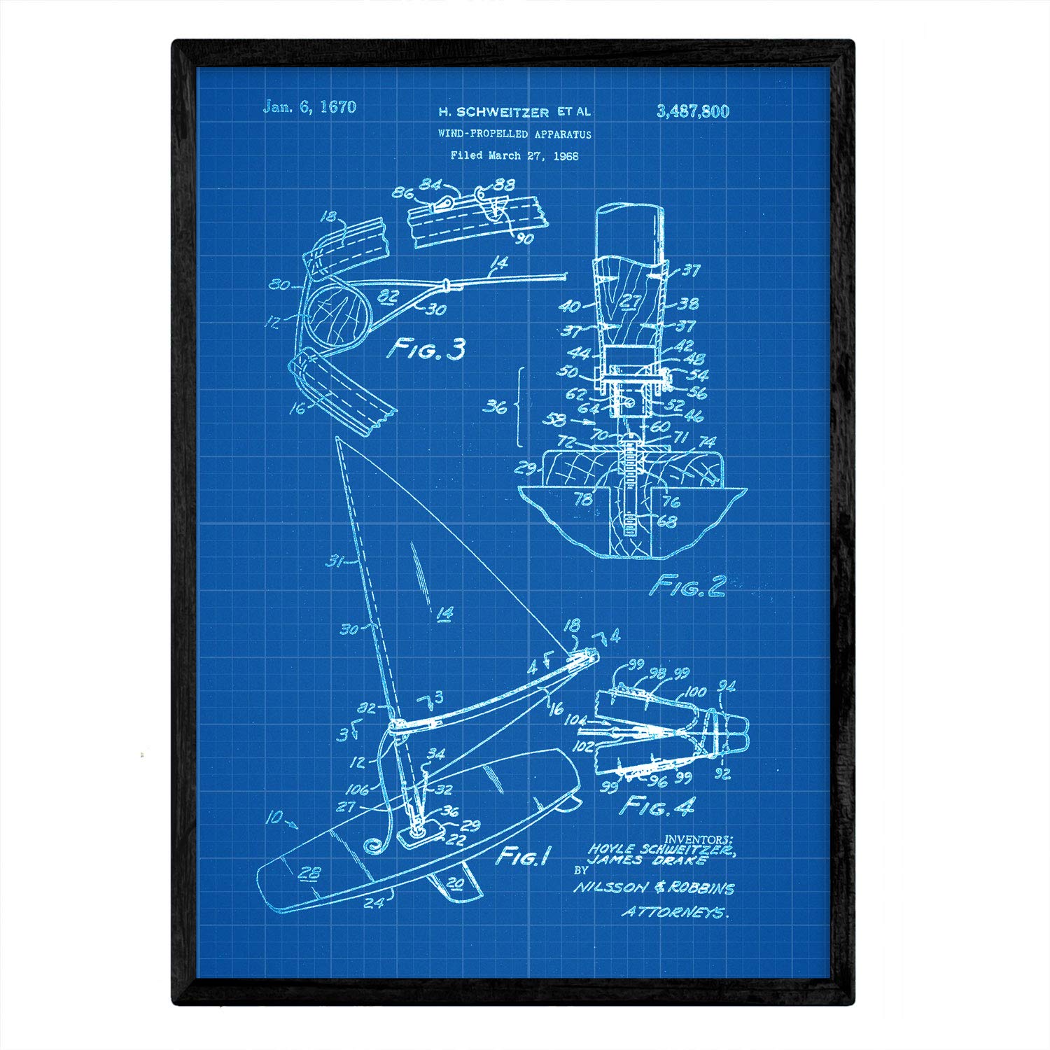 Nacnic Poster with Patent windsurf board. Sheet with old design patent A3 size with blue background