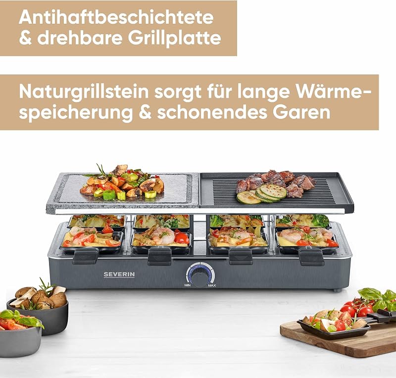 Raclette-Grill mit Naturgrillstein und Grillplatte, Raclette mit antihaftbeschichteter Grillplatte und 8 Pfännchen, Tischgrill für 8 Personen, max. 1300 W, schwarz, RG 2371