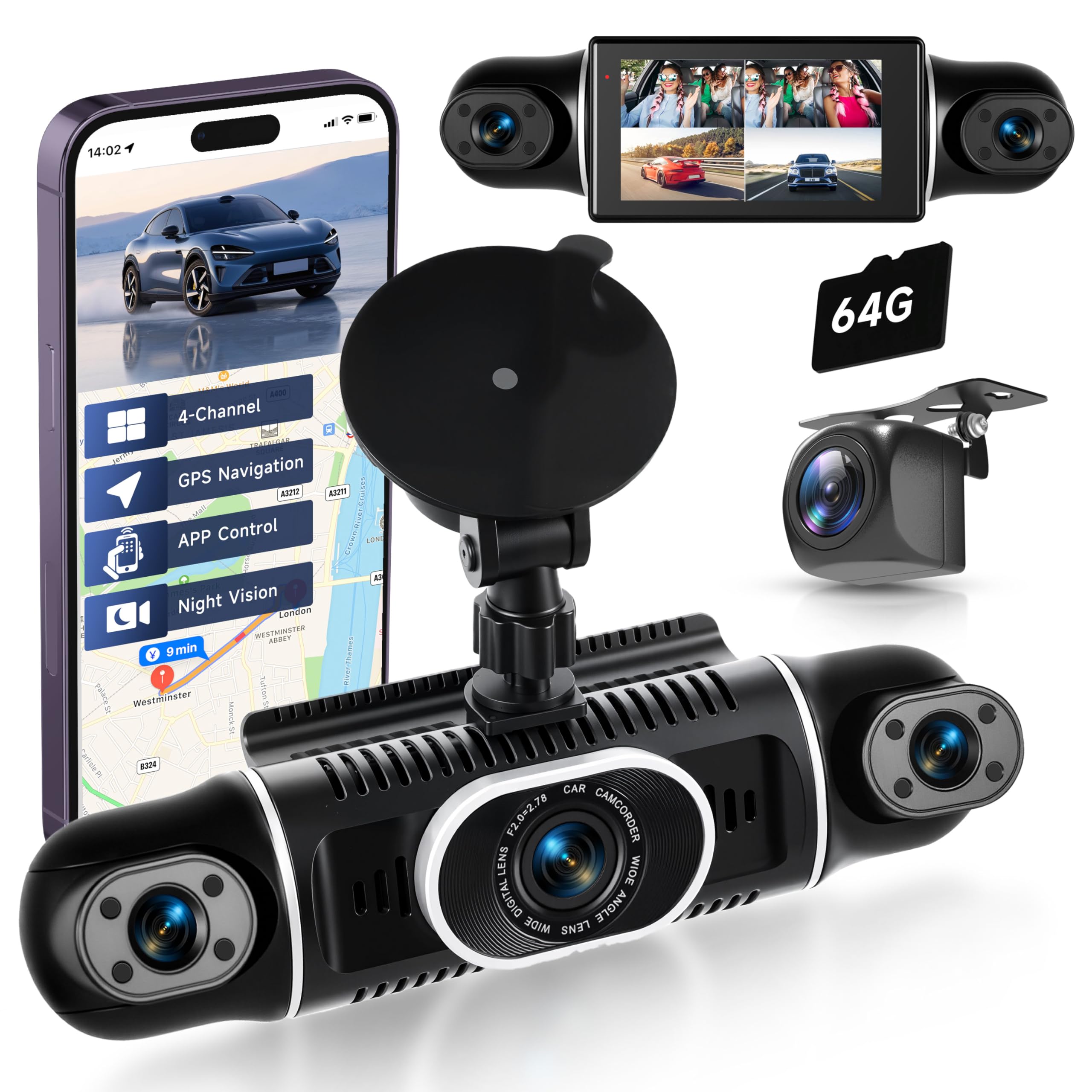 Photo 1 of 4 Channel Dash Cam Front and Rear Inside 360° Dash Camera for Cars 4 Channel Dash Cam Front and Rear Inside,?2560*1440P?IPS 4K/2K Mini Dashcam,WiFi GPS Night Vision,24/7 Parking Mode,64G DVR,G-Sensor