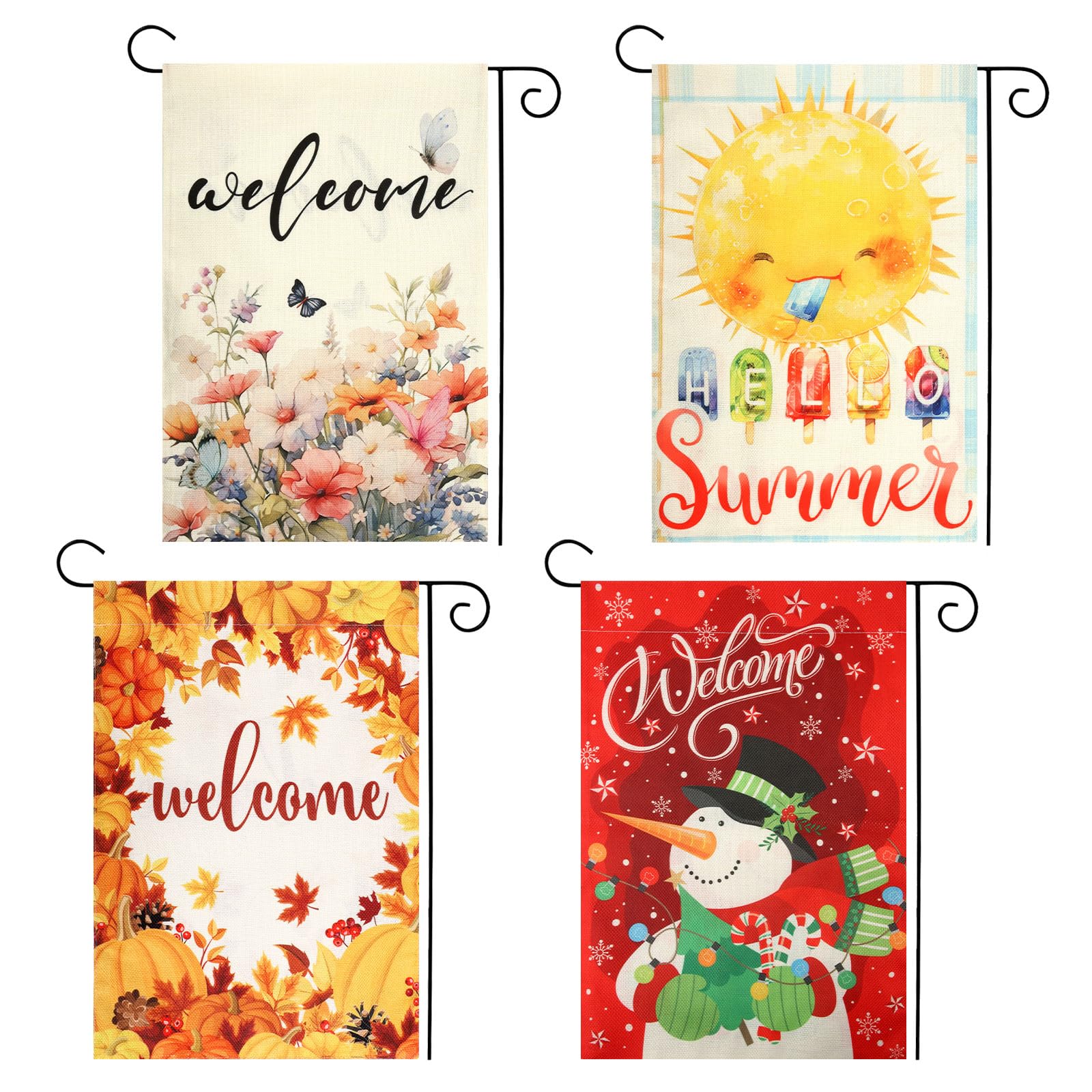 4pcs Seasonal Garden Flag, 11.81x17.72 Inch Double Sided House Seasonal Flags Spring Summer Autumn Winter Hello Yard Flag Floral Banner for Outside Countryside Decoration