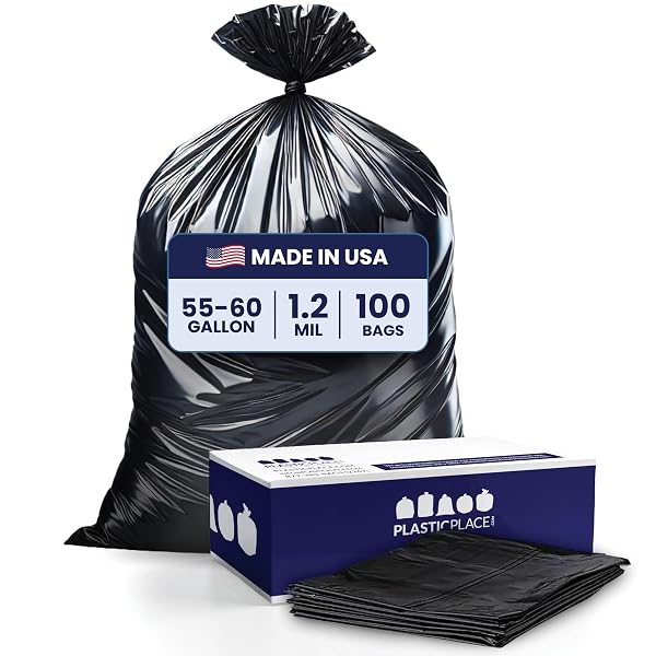 PLASTICPLACE 55-60 GALLON TRASH BAGS, 1.2 MIL HEAVY DUTY CONTRACTOR GARBAGE BAGS, BLACK TEAR-RESISTANT BAGS FOR CONSTRUCTION, YARD WASTE, INDUSTRIAL USE, LARGE 38” X 58” (100 COUNT)