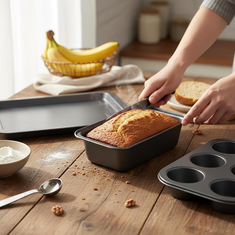 Set 3 pz: Muffin, plumcake, teglia; Antiaderente, Acciaio al Carbonio, 230°C, Grigio