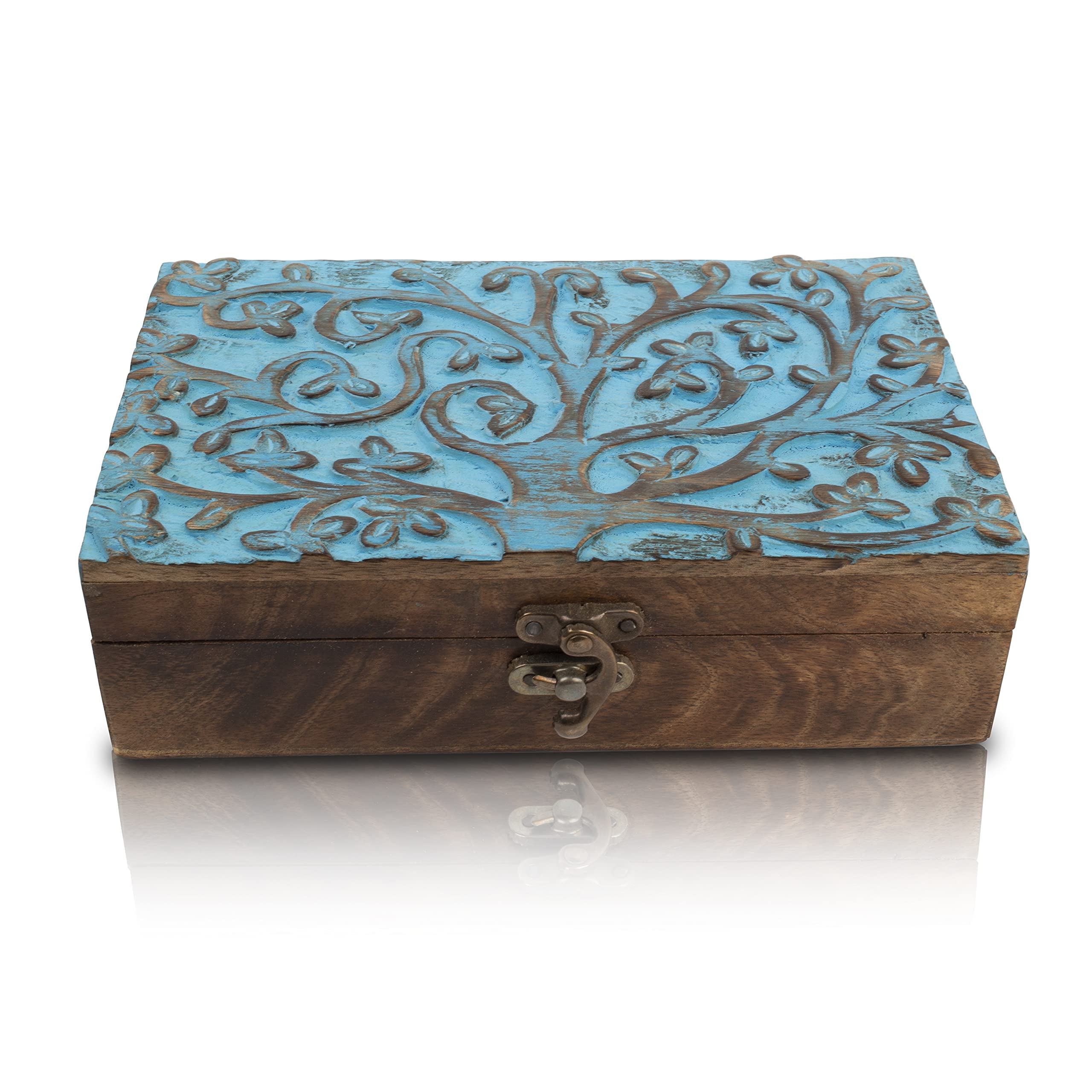 The Great Indian Bazaar Handmade Decorative Wooden Jewellery Box With Tree Of Life Carving - Blue - Jewellery Organizer & Storage Box - Housewarming Gift