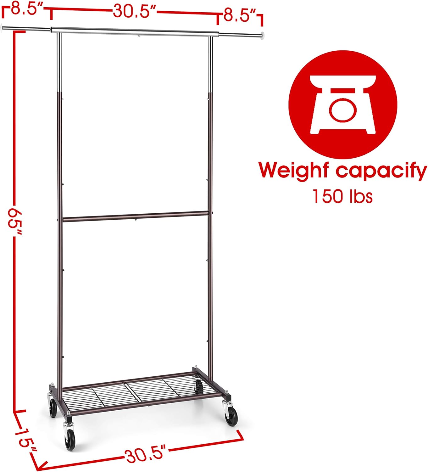 Simple Trending Standard Clothing Garment Rack, Rolling Clothes Organizer with Wheels and Bottom Shelves, Extendable, Bronze: Home & Kitchen