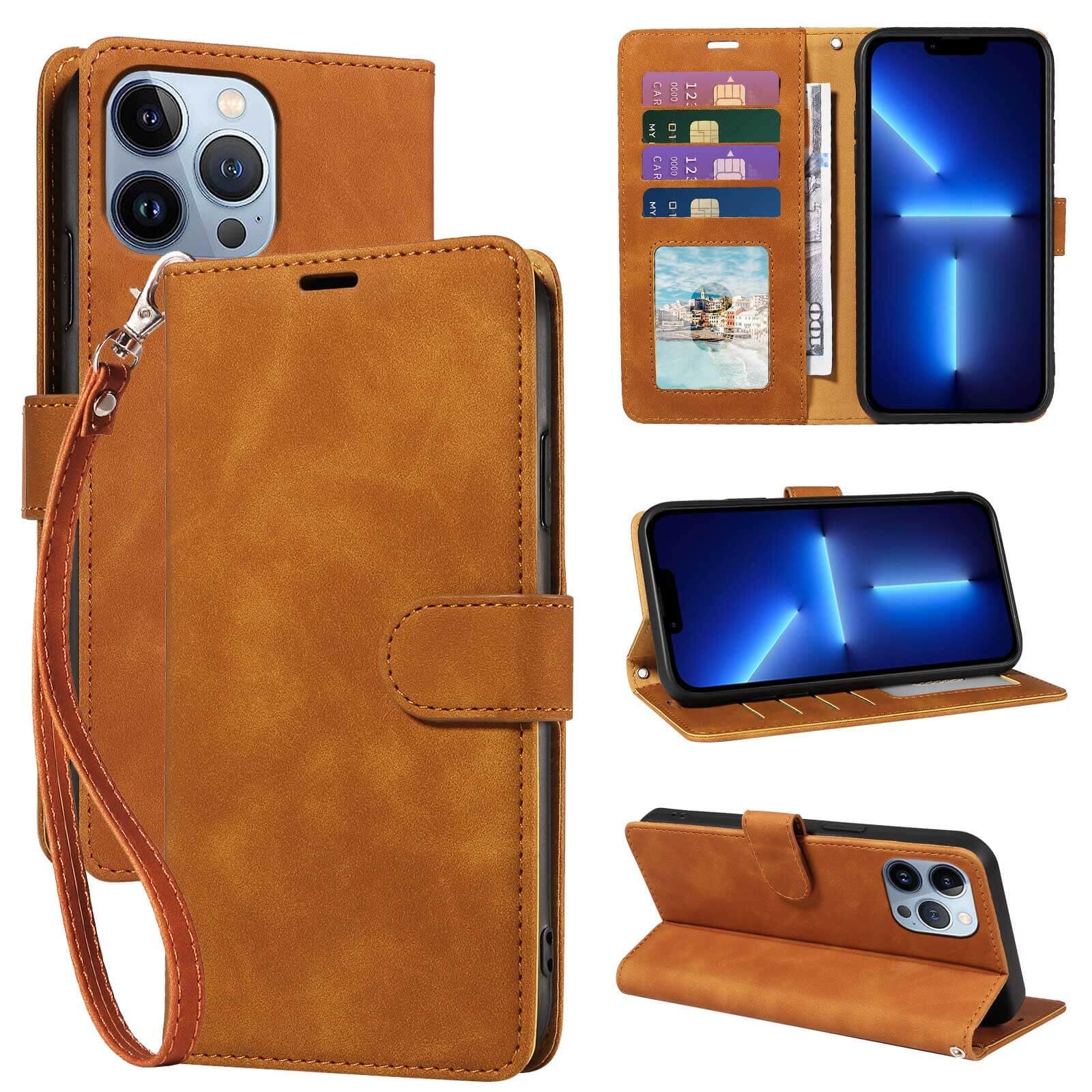 JHWVVTF Wallet Case for iPhone 13 Pro Max 6.7 inch, RFID Blocking 4 Card Slots Holder, Wrist Strap, Shockproof Protective Stand Soft Leather Folio Flip Phone Cover (Brown)