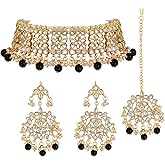 Aheli Elegant Indian Faux Kundan Studded Choker Necklace with Maang Tikka Set Ethnic Wedding Wear Bharatanatyam jewellery set Gift for Women