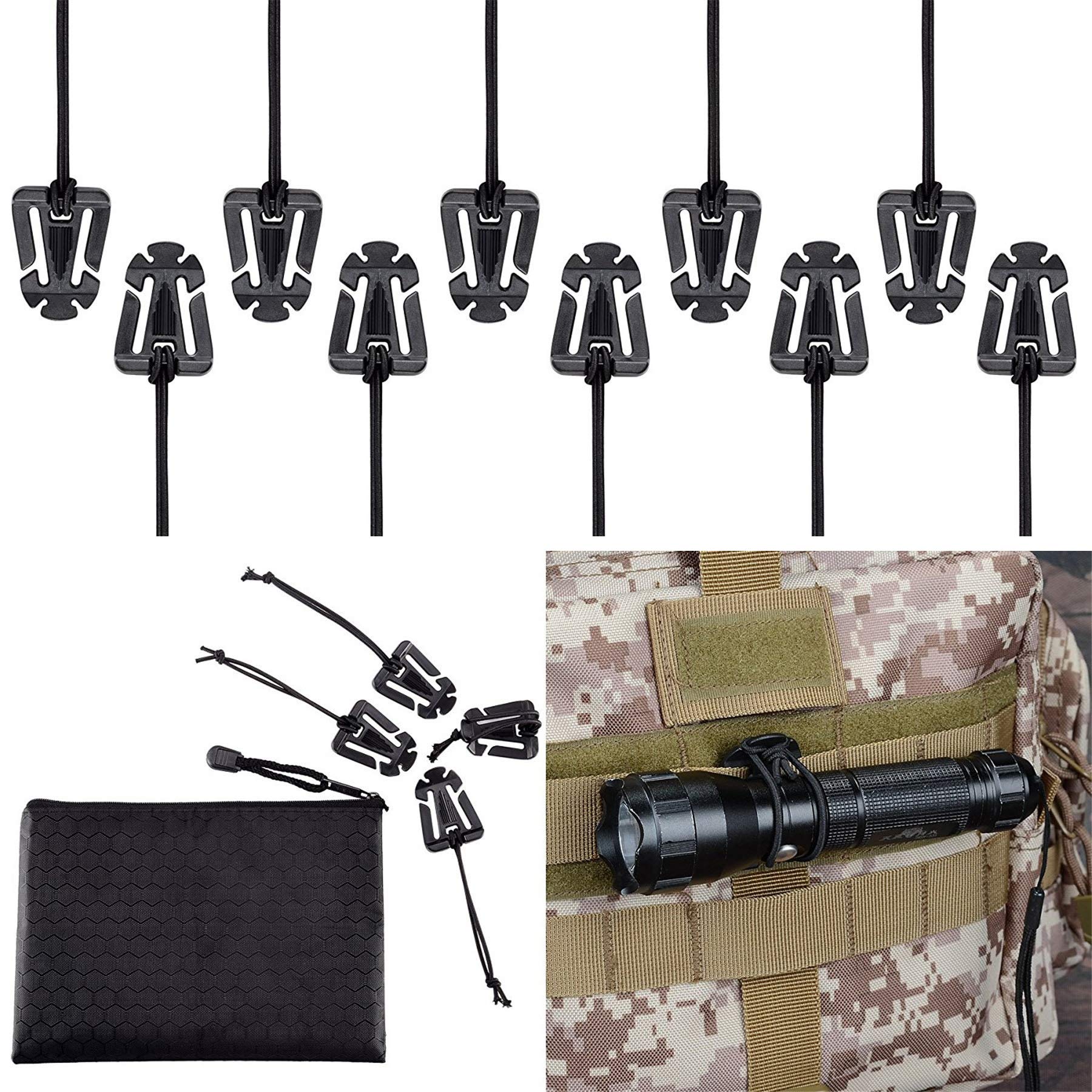BOOSTEADY Pack of 10 Tactical Gear Clip Molle Web Dominators for Outdoor Hydration Tube Backpack Straps Management with Zippered Pouch