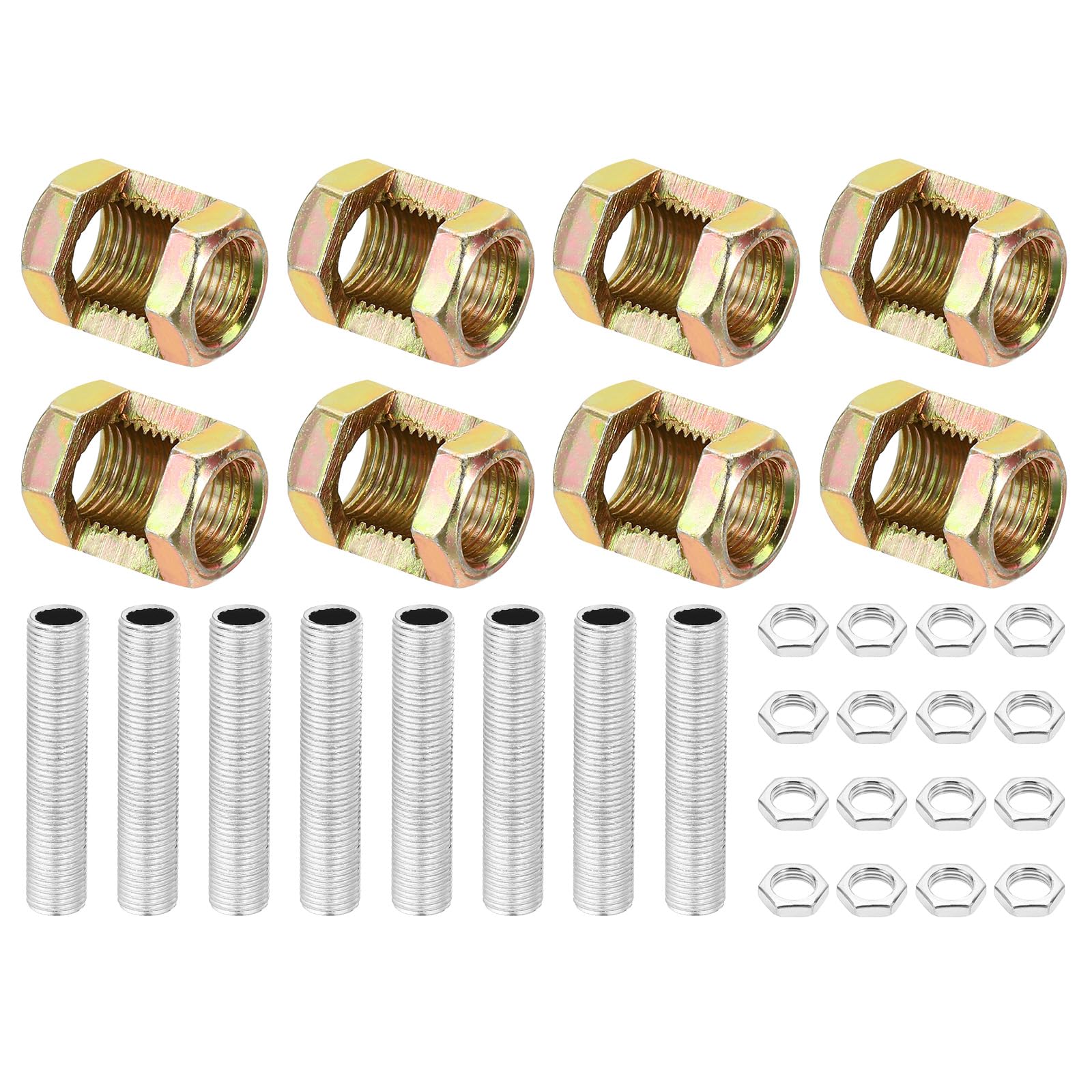PATIKIL M10 Fine Thread Lamp Pipe Repair Parts Kits, 32 Pcs M10×20 Metal Hexagon Open Coupling Nut with Threaded Pipe and Hex Nut for Lights Extension Rod