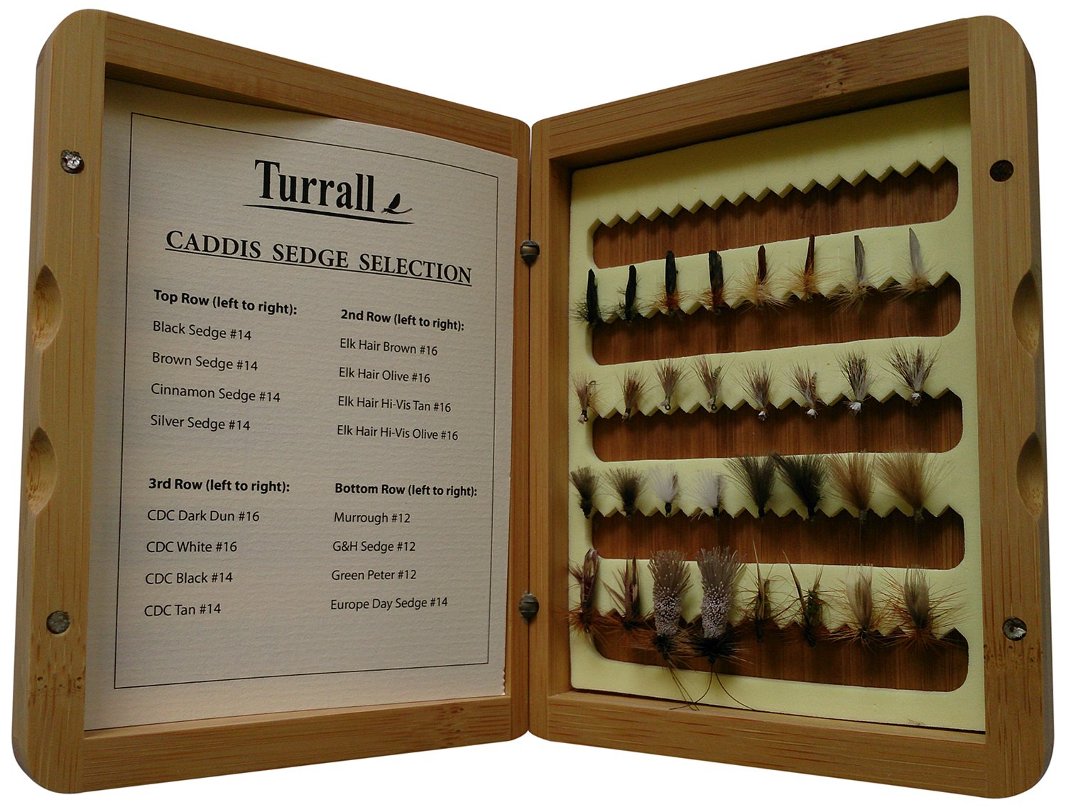 Bamboo Presentation Caddis and Sedge Selection 32 Flies in Bamboo Box - Brown,