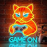 Astuddy Game On Cat Neon Sign,Neon Signs for Wall Decor,LED Gamer Cat Neon Light for Gaming Room,Funny Cat Holding Controller Neon Wall Decor,USB Powered Bright Sign for Bedroom,Game Zone,Teen Rooms