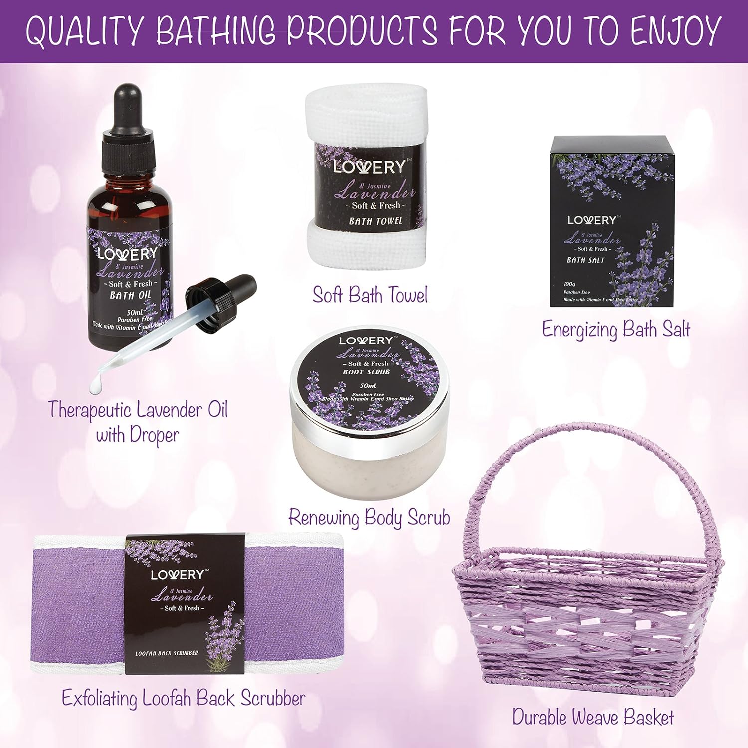 Home Spa Gift Basket, 9 Piece Bath & Body Set for Women and Men, Lavender & Jasmine Scent - Contains Shower Gel, Bubble Bath, Body Lotion, Bath Salt, Scrub, Massage Oil, Loofah & Basket: Baby